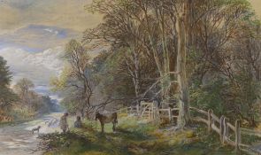 Read Turner (19th century) heightened watercolour, Pathway with shepherd and sheep, signed and dated