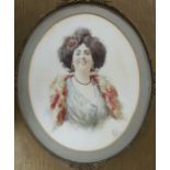 V. Fini, early 20th century French watercolour, Portrait of a female, signed, oval 25 x 20cm