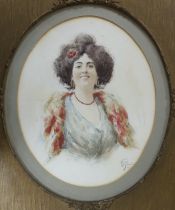 V. Fini, early 20th century French watercolour, Portrait of a female, signed, oval 25 x 20cm