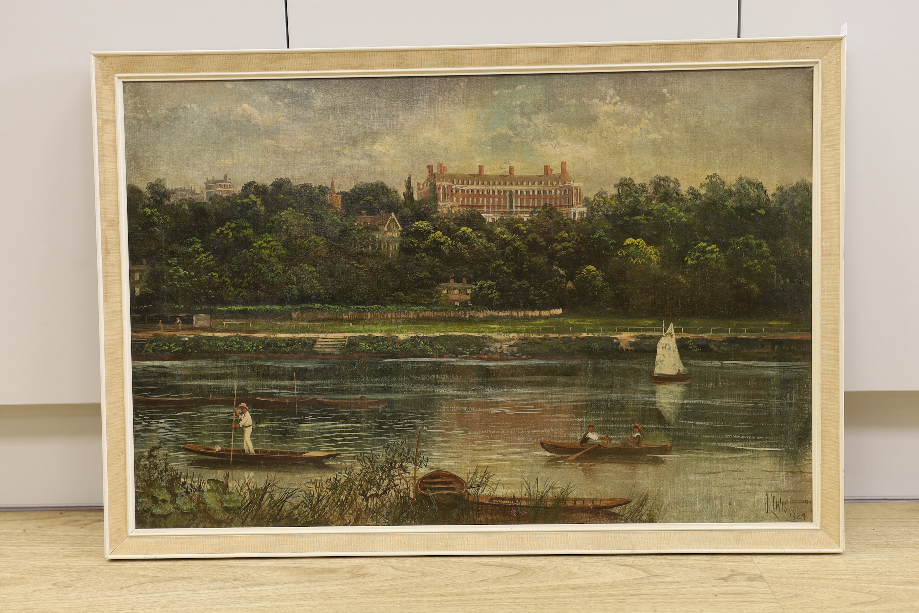 James Isaiah Lewis (1860-1934) oil on canvas, Thames boating scene, signed and dated 1924, 75 x - Image 2 of 4