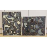 A pair of abstract oils on canvas, Surreal shapes, unframed, each 54 x 40cm