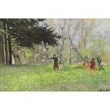 Giuseppe Magni (Italian 1869-1956) impressionist oil on board, Three figures before woodland,