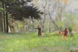 Giuseppe Magni (Italian 1869-1956) impressionist oil on board, Three figures before woodland,