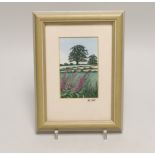 Alison Holt miniature embroidery, landscape with foxgloves, signed in ink to the mount