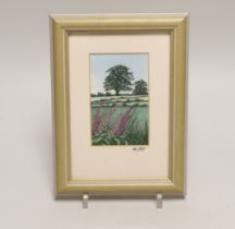 Alison Holt miniature embroidery, landscape with foxgloves, signed in ink to the mount