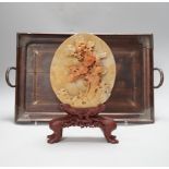A Chinese white metal wall mounted hongmu tray and a Chinese carved soapstone table screen on stand,