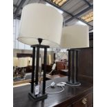 A pair of contemporary metal and perspex table lamps and shades, height 75cm including shades