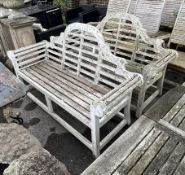 A pair of Lutyens style weathered teak garden benches, length 170cm, depth 56cm, height 103cm