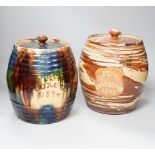 A Victorian Scottish Seaton pottery agate earthenware barrel shaped storage jar and cover, inscribed