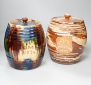 A Victorian Scottish Seaton pottery agate earthenware barrel shaped storage jar and cover, inscribed