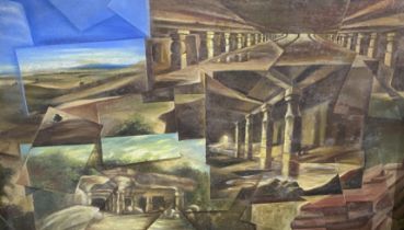 20th century Indian School, oil on canvas, Classical ruins and landscapes, 210 x 119cm