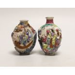 Two Chinese enamelled and moulded porcelain snuff bottles, Qianlong marks but mid 19th century, ‘