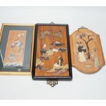 Two Chinese hardwood and mixed soapstone panels and a silk embroidered panel, largest 14.5cm x 29.