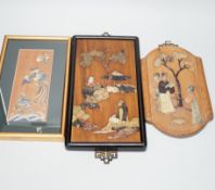 Two Chinese hardwood and mixed soapstone panels and a silk embroidered panel, largest 14.5cm x 29.
