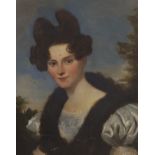 Victorian School, oil on canvas, Head and shoulders portrait of a lady wearing 1830's dress before a