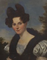 Victorian School, oil on canvas, Head and shoulders portrait of a lady wearing 1830's dress before a