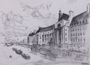 Leslie Grimes (1897-1983), charcoal drawing, 'The London County Hall', signed, various