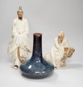 Two large Chinese Shiwan pottery figures and a vase, tallest 35cm