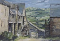 Trevor Taylor, oil on paper, Rural landscape with farm buildings, signed and dated 1990, 72 x 50cm