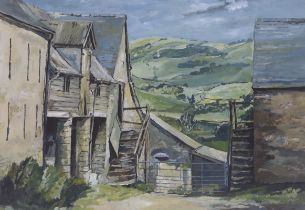 Trevor Taylor, oil on paper, Rural landscape with farm buildings, signed and dated 1990, 72 x 50cm