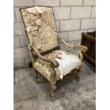 A Louis XIV style carved giltwood armchair, width 66cm, depth 64cm, height 118cm