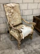 A Louis XIV style carved giltwood armchair, width 66cm, depth 64cm, height 118cm