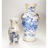 An early 20th century Chinese crackle glaze blue and white vase, 44cm and a later smaller vase