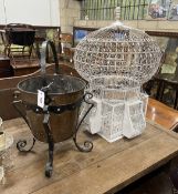 An early 20th century copper and wrought iron coal bucket, height 60cm, together with a wirework