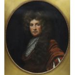 English School, oil on canvas, Portrait of an early 18th century gentleman wearing a wig and lace