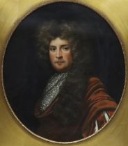 English School, oil on canvas, Portrait of an early 18th century gentleman wearing a wig and lace