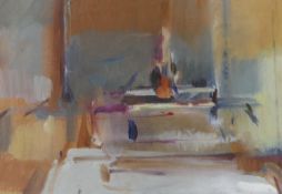 Charlotte Snook, contemporary abstract oil on board, 'Red jug, studio of Verrochio', signed verso,