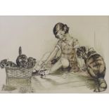 Art Deco heightened monochrome watercolour, Young girl with cats, monogrammed SHE and dated ‘29,