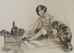 Art Deco heightened monochrome watercolour, Young girl with cats, monogrammed SHE and dated ‘29,
