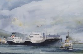 J D Francis, watercolour, 'The BP tanker British Restraint clearing King's Dock, Swansea', signed
