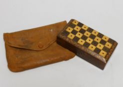 A Continental amboyna and tesserae mosaic banded travelling chess set, containing barleycorn pattern
