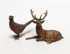 Two Austrian cold painted bronze animals: a stag and a pheasant, tallest 6cm