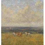 William Dacres Adams (1864-1951) oil on canvas, three horse and riders overlooking South Downs,