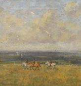 William Dacres Adams (1864-1951) oil on canvas, three horse and riders overlooking South Downs,