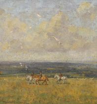 William Dacres Adams (1864-1951) oil on canvas, three horse and riders overlooking South Downs,