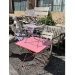 A square painted metal folding garden table, width 71cm, height 71cm and two metal folding garden