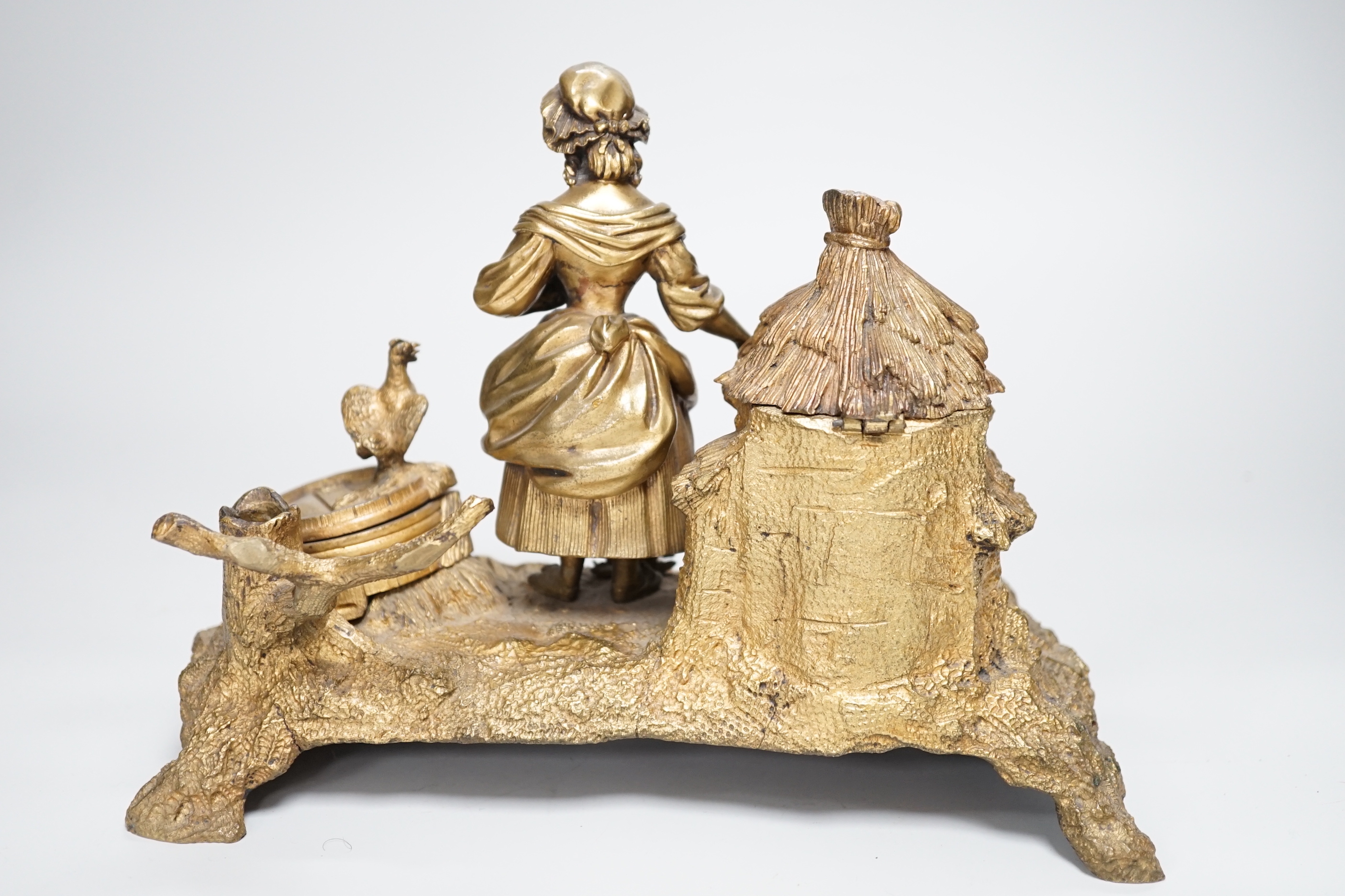 A 19th century gilt bronze inkwell decorated with a farmyard scene and country maiden, 18cm high - Image 4 of 5
