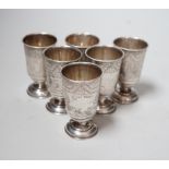 A set of six late 19th century Russian 84 zolotnik white metal pedestal tots, 65mm, 6.1oz.