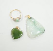 Two mounted jade pendants, including heart shaped nephrite and a 9ct gold, simulated jade and