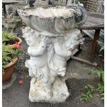 A large painted stone cherub and scallop shell garden fountain, height 93cm