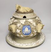An impressive English cane ware and drab ware ‘agriculture’ soup tureen, cover and stand with cover,