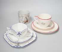 A Shelley Art Deco Blue Iris Queen Anne shape teaset and a Crown Devon cup, saucer, side plate and