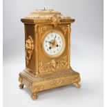A 19th century French brass mantel clock- no pendulum, loose finial, 37cm excl finial
