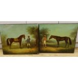 Robert F. Johns, pair of oils on canvas, Studies of racehorses and grooms wearing 19th century