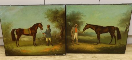 Robert F. Johns, pair of oils on canvas, Studies of racehorses and grooms wearing 19th century