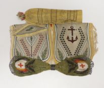 An 18th century American leather misers purse dated 1795, an unused finely woven tapestry, an